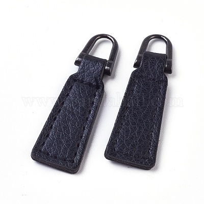 PU Leather Zipper Puller, Garment Accessories, with Alloy Findings,  Trapezoid, Gunmetal, Black, 40x12x3.5mm, Hole: 5x7mm