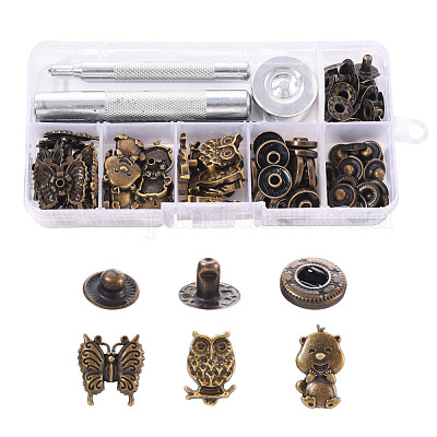 Wholesale 18 Sets Butterfly & Owl & Bear Brass Leather Snap Buttons Fastener  Kits 