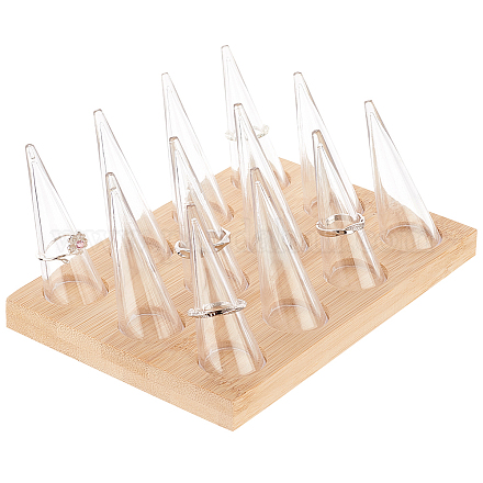 FINGERINSPIRE 12 pcs Clear Acrylic Ring Cone Acrylic Finger Ring Display Stands 6.3x4.53x2.76inch Ring Finger Display Stand with Bamboo Base Cone Shape Acrylic Ring Display Ring Organizer Holder RDIS-WH0002-17-1