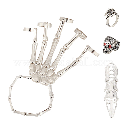 Anattasoul siam strass crâne large dôme et aigle griffe et doigt ongle pointe griffe anneaux et squelette pleine main anneau bracelet AJEW-AN0007-07-1