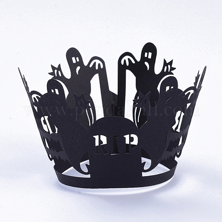 ゴーストハロウィーンカップケーキラッパー  レーザーカット紙ライナーホルダー  ハロウィンパーティーの結婚式の誕生日の装飾のために  ブラック  8.8x21.5x0.03cm CON-G010-D05-1