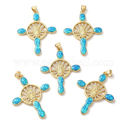Rack Plating Brass Micro Pave Cubic Zirconia with Synthetic Opal Pendants KK-D088-32G-1