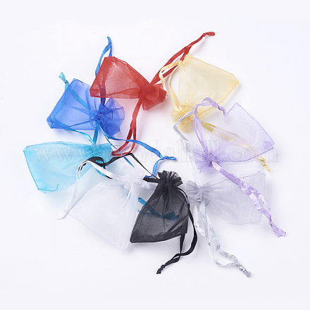 8色オーガンジーバッグ巾着袋  高密度  リボン付き  長方形  ミックスカラー  6.5~7x4.8~5cm  25個/カラー  200個/セット OP-MSMC003-08A-5x7cm-1