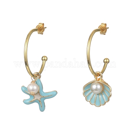 Boucles d'oreilles asymétriques en alliage émaillé en forme d'étoile de mer et de coquillage avec perle naturelle EJEW-JE05555-1