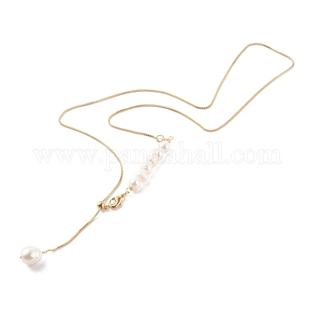 調節可能な真鍮のラリアットネックレス  天然パールのビーズで  ホワイト  ゴールドカラー  20.47インチ（52cm） NJEW-JN03446-02-1