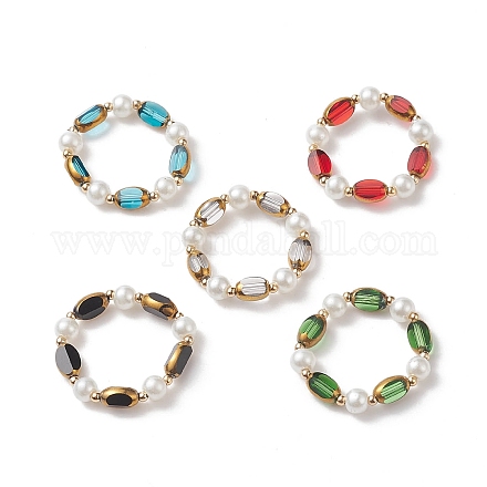 Anneaux extensibles ovales plaqués bord de verre et perles d'imitation RJEW-JR00547-1