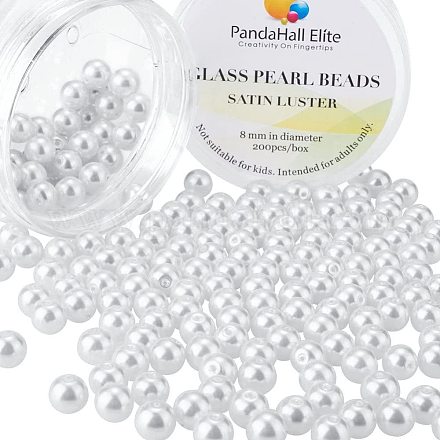 PandaHall About 200Pcs 8mm Tiny Satin Luster Environmental Dyed Glass Pearl Round Beads Assortment Lot for Jewelry Making Round Box Kit White HY-PH0001-8mm-001-1