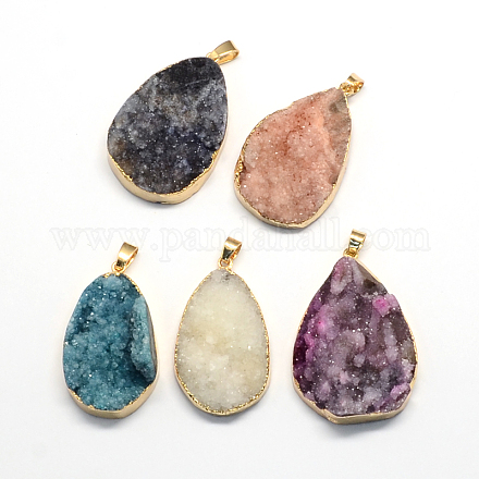 Plated Natural Drusy Agate Teardrop Pendants G-R275-15-1