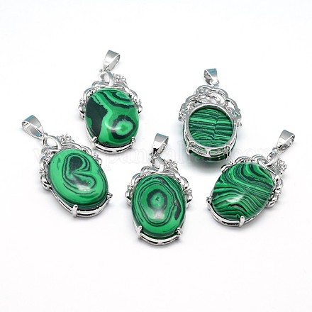 Oval Platinum Plated Brass Natural Malachite Pendants G-F228-16H-RS-1