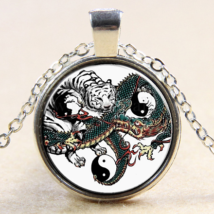 Collares con colgante de vidrio redondo plano con patrón de dragón y tigre feng shui yin yang NJEW-N0051-010U-02-1