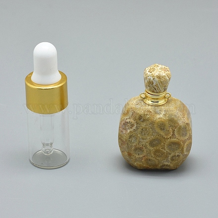 天然化石サンゴ開閉式香水瓶ペンダント  真鍮のパーツとガラスのエッセンシャルオイルのボトル  39~50x26~29x16~21mm  穴：1.2mm  ガラス瓶容量：3ml（0.101液量オンス）  宝石の容量：1ml（0.03液量オンス） G-E556-20E-1