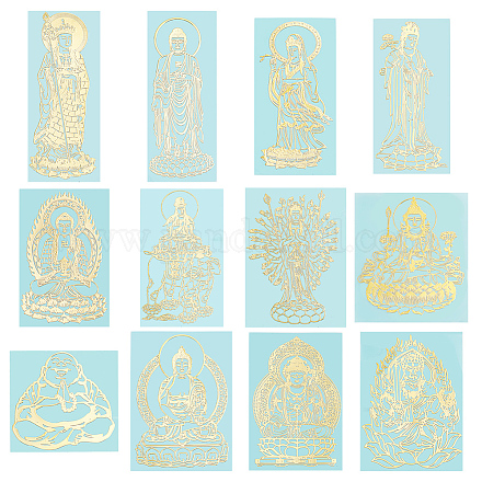 Olycraft 12 stili tema buddista adesivi in lega buddha adesivi autoadesivi adesivi in metallo oro metallo oro adesivi per album fai da te artigianato in resina bottiglia di acqua del telefono decorazione DIY-OC0010-21-1