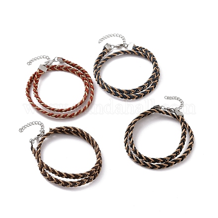 Bracciale avvolgente a due anelli con corda intrecciata in pelle di vacchetta con fermagli in ottone per donna BJEW-JB09111-1