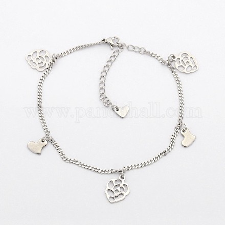Valentine's Gift 304 Stainless Steel Chain Rose and Heart Charm Bracelets BJEW-L406-05-1