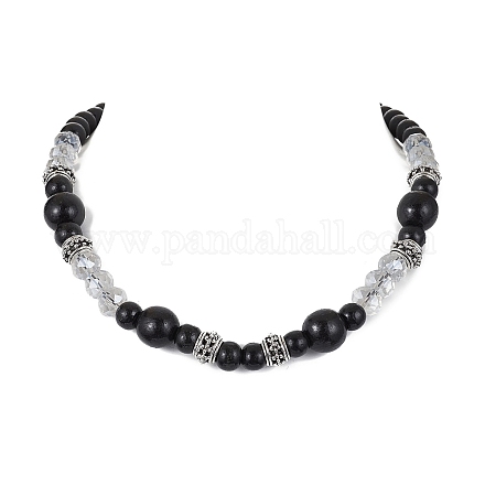 Halskette mit runden Perlen aus Naturholz und Glas NJEW-JN04477-1