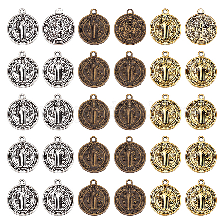 Nbeads 60 個 3 色のチベットスタイルのペンダント  聖人ベネディクトメダル  カドミウムフリー＆ニッケルフリー＆鉛フリー  宗教  フラットラウンド  ミックスカラー  20~21x17~18x2mm  穴：1mm  20個/カラー TIBEB-NB0001-29-1