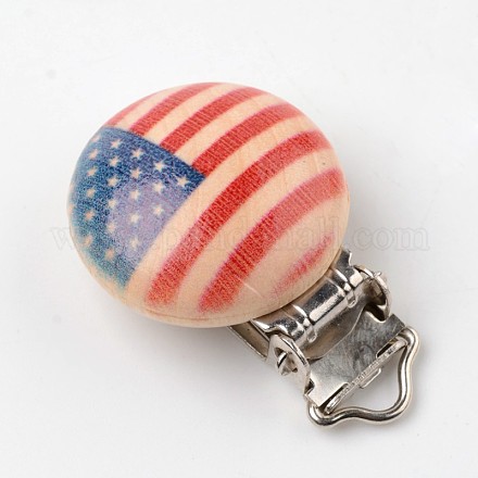 L'américain moitié de motif de drapeau rond imprimé bébé bois clips porte-sucette WOOD-K004-35-1