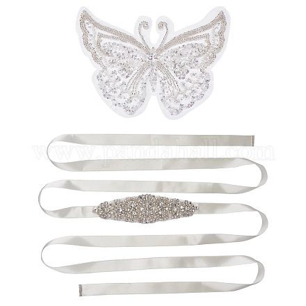 GORGECRAFT 3D Embroidery Butterfly Appliques Wedding Sash Bridal Belts Pure Handmade Bright Crystal Patches Sew-On Rhinestones Applique Sew On Beads Trim Patches for Clothes Tulle Lace Fabric DIY-GF0006-64-1