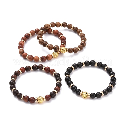 Round Natural Wood Beads Stretch Bracelet BJEW-JB07101-1