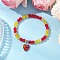 Baking Painted Imitation Jade Glass Round Beaded Charm Bracelets, with Faceted Glass Heart Charms & Brass Rhinestone Spacer Beads, Red, Inner Diameter: 2-1/8 inch(5.5cm)