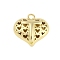 Hollow Brass Pendants for Valentine's Day, Heart with Letter, Real 18K Gold Plated, Letter T, 25x26x13mm, Hole: 2.5mm