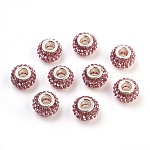 Perles européennes avec strass grade A, Perles avec un grand trou   , résine, avec noyau en laiton plaqué couleur argent, rondelle, rose clair, 12x8mm, Trou: 4mm