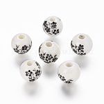 Handmade Printed Porcelain Beads, Round, Black, 10mm, Hole: 3mm