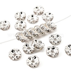 Abalorios de latón Diamante de imitación espaciador, aaa grado, borde ondulado, sin níquel, color plateado, rerondana plana, cristal, 8x3.8mm, agujero: 1.5 mm