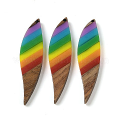 Anhänger aus Harz und Walnussholz mit Regenbogenmotiv, Blatt, 53x11.5x3.5 mm, Bohrung: 1.6 mm