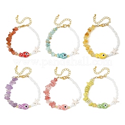 Braccialetti da donna estivi da spiaggia in porcellana fatti a mano con pesciolini e perline di pietre preziose.&nbsp;BJEW-JB14440