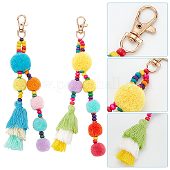 2 Stück 2 Farben bunte Boho-Pompom-Ballquaste Polyester-Anhänger-Dekorationen mit Holzperle für Frauen&nbsp;AJEW-WR0001-72