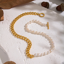 304 Edelstahl Cuban Link Kette natürliche Süßwasserperle Reis Perlen OT Halsketten für Frauen&nbsp;SU5671