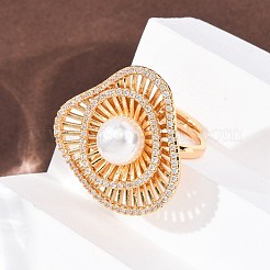 Anelli regolabili in ottone con micro pavé di zirconi cubici trasparenti e perle in plastica ABS&nbsp;RJEW-G368-04G