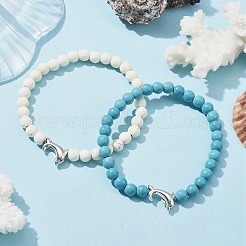 Set di braccialetti elasticizzati con perline rotonde rotonde di turchese sintetico e delfino in lega di stile tibetano a 2 colori&nbsp;BJEW-JB09895