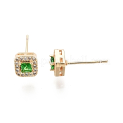 Quadratische Ohrstecker aus grünem Glas mit Zirkonia&nbsp;EJEW-G321-08G