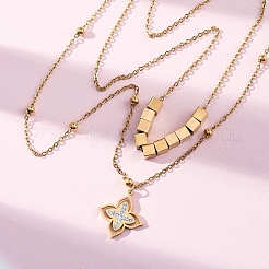 304 Edelstahl Kristall Strass Blume Anhänger Doppelschicht Halsketten&nbsp;NJEW-R026-07G