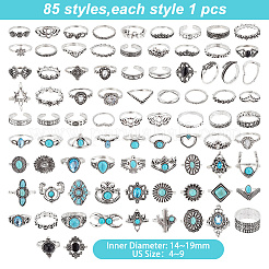 85 stücke 85 stil rhombus & krone & herz & mond & blume strass offene manschette ringe set mit imitation türkis perlen&nbsp;RJEW-AR0001-03