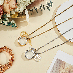 2 pièce 2 couleurs en acier inoxydable empreinte de patte plume plat rond animal fourrure médaillon pendentif boîte chaîne colliers&nbsp;NJEW-DR00016