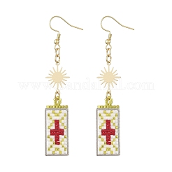 Boucles d'oreilles pendantes en forme de rectangle avec perles de verre en forme de croix&nbsp;EJEW-MZ00412-02
