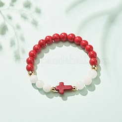 Stretch-Armband aus natürlicher weißer Jade und synthetischem Türkis (gefärbt) mit Kreuz&nbsp;BJEW-JB08295-04