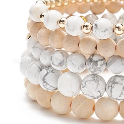 Ensemble de bracelets de perles rondes en bois naturel et howlite 5pcs 5 styles&nbsp;BJEW-JB08820