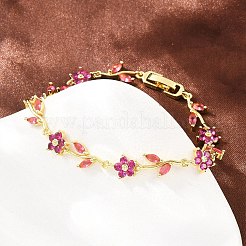 Pulseras de cadena con eslabones florales de latón con circonitas cúbicas pavé para mujer&nbsp;KK-CBA68DA-14G-04