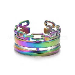 Bague ouverte en acier inoxydable 304 couleur arc-en-ciel avec placage ionique (IP) en forme de chaîne pour femme&nbsp;RJEW-C025-28M