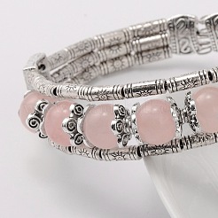 Tibetischen Stil antiker Silberlegierung natürlichen Rosenquarz Edelsteinarmbänder&nbsp;X-BJEW-JB01649-03