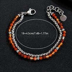 Bracelets à un rang de perles rondes en cornaline naturelle avec chaînes à maillons carrés en acier inoxydable 201 pour hommes et femmes&nbsp;EI8345-2