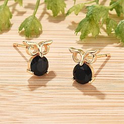 Orecchini a bottone con gufo in ottone micro pavé di zirconi cubici per donna&nbsp;EJEW-G428-10G-02