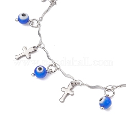 Bracelets de cheville faits à la main en acier inoxydable 304 et en verre soufflé à la main avec barre à pampilles croisées pour femmes&nbsp;AJEW-AN00741-02