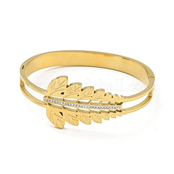 304 Edelstahl Pavé Kristall Strass ausgehöhlte Blatt Scharnier Armreifen für Frauen&nbsp;BJEW-D044-03A-G