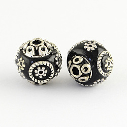 Runde Perlen mit handgefertigten Indonesien, mit Aluminiumkerne, Antik Silber Farbe, Schwarz, 15x14 mm, Bohrung: 2 mm