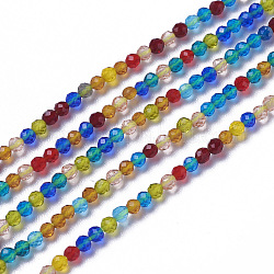 Chapelets de perles en verre, facette, ronde, colorées, 1.5~2x2mm, Trou: 0.2mm, Environ 178~186 pcs/chapelet, 14.5~15.5 pouce (36~39 cm)